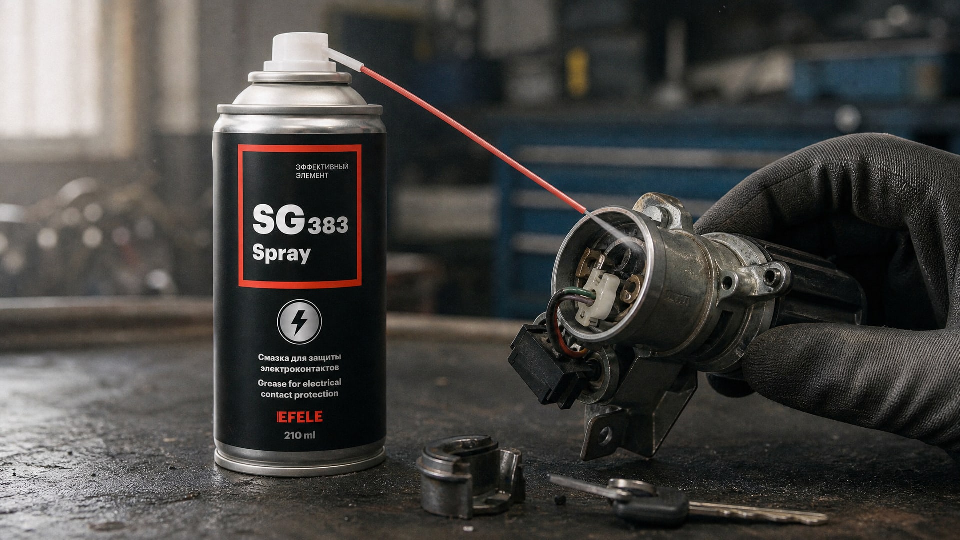 Рука в перчатке наносит EFELE SG-383 Spray (защита электроконтактов) на замок зажигания.