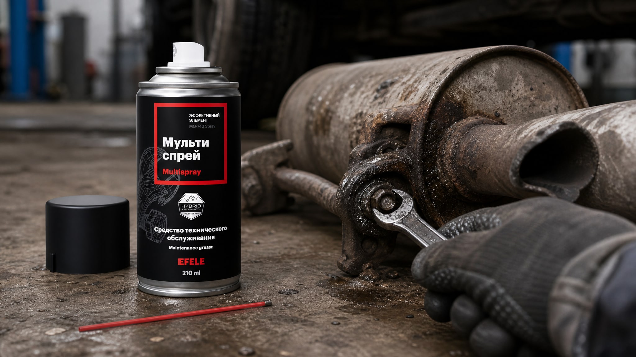 Рука наносит смазку EFELE MO-740 Spray на болты глушителя.