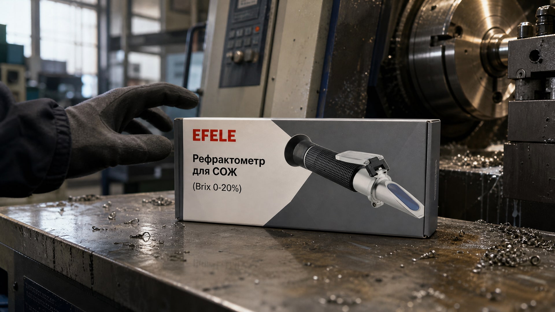Рука в перчатке использует EFELE Рефрактометр для СОЖ (Brix 0-20%).
