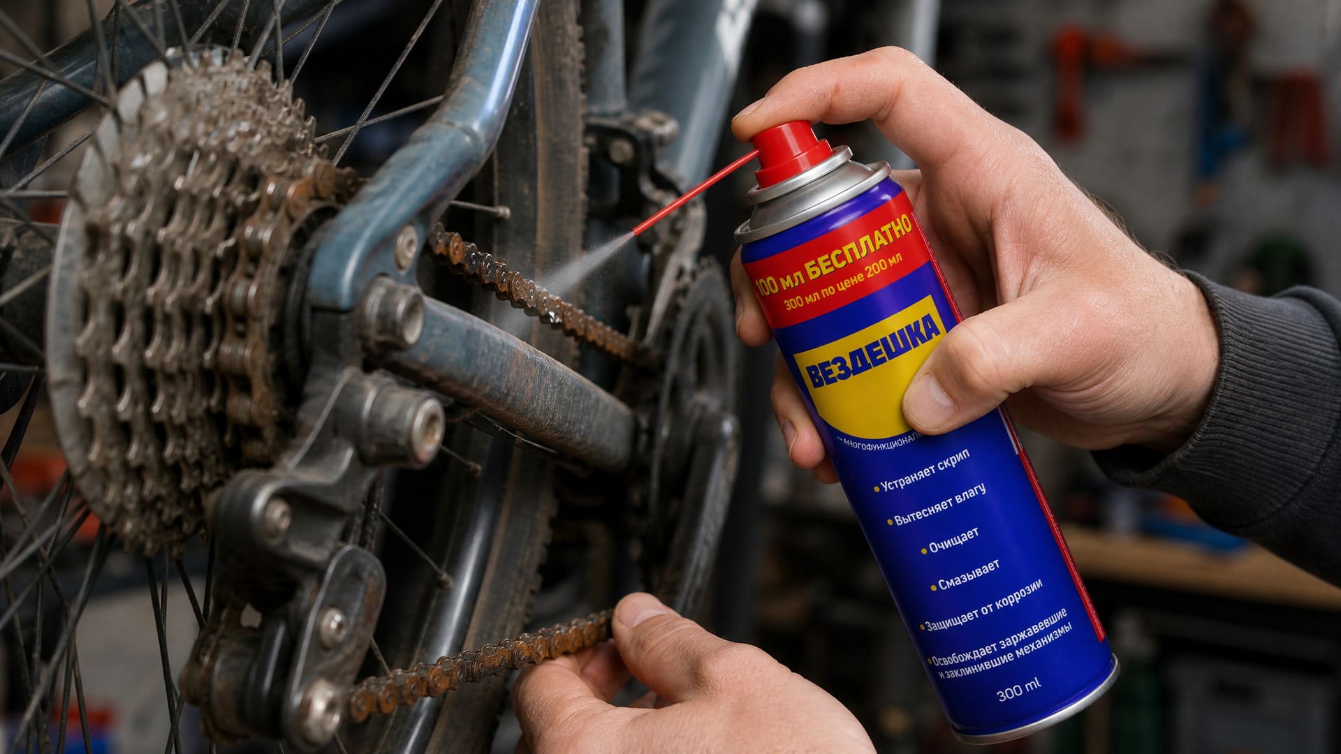Рука наносит универсальную смазку WD-40 на цепь.