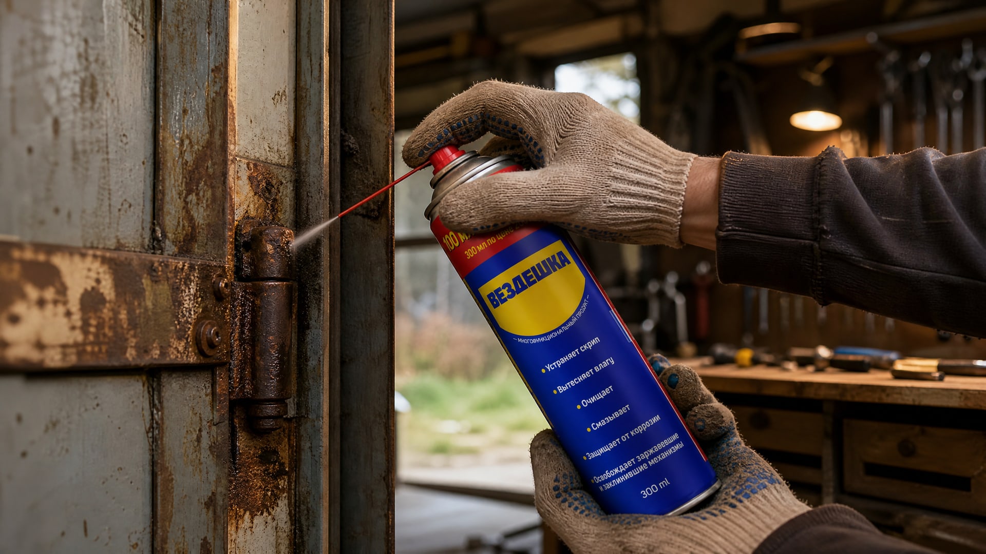Рука в перчатке наносит универсальную смазку WD40.