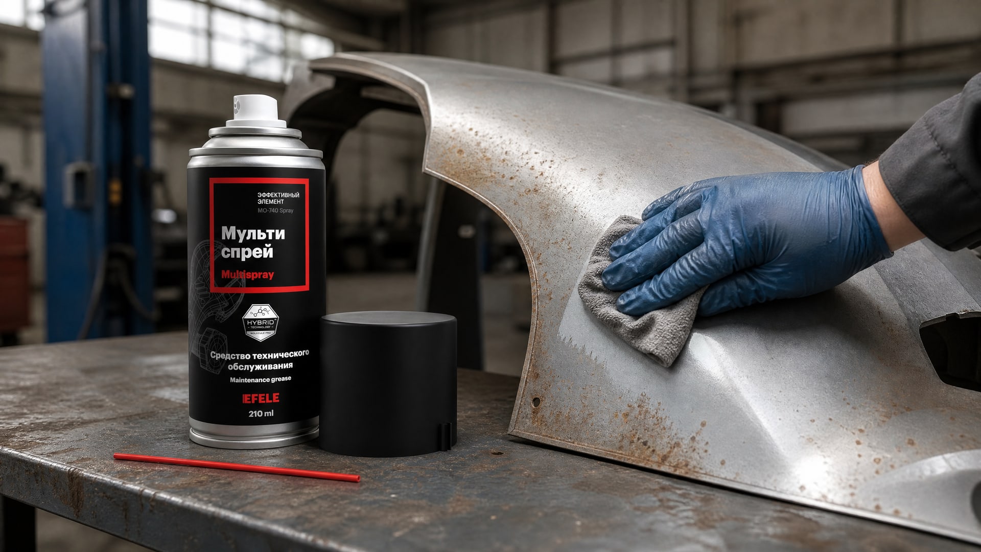 Рука наносит EFELE MO-740 Spray, чтобы убрать ржавчину на машине.