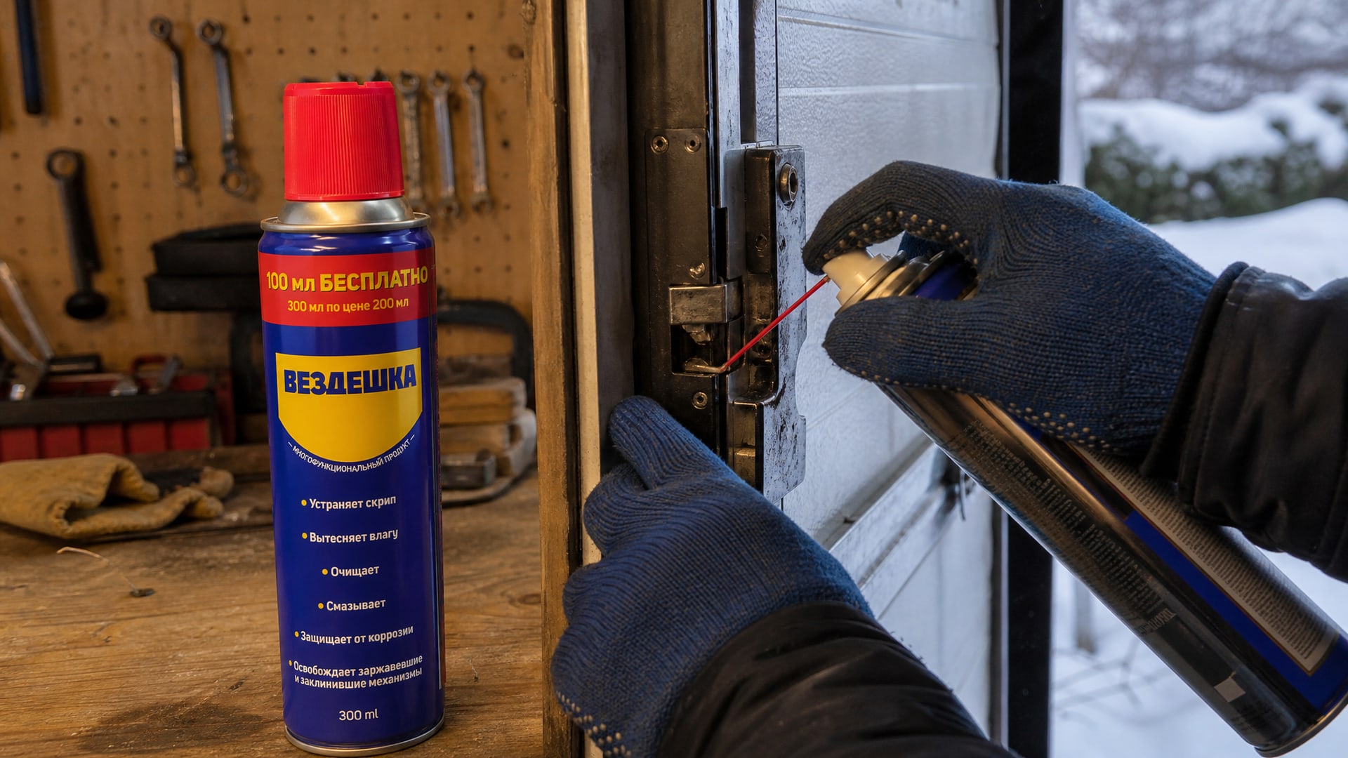 Рука в перчатке наносит универсальную смазку wd-40 на замок.
