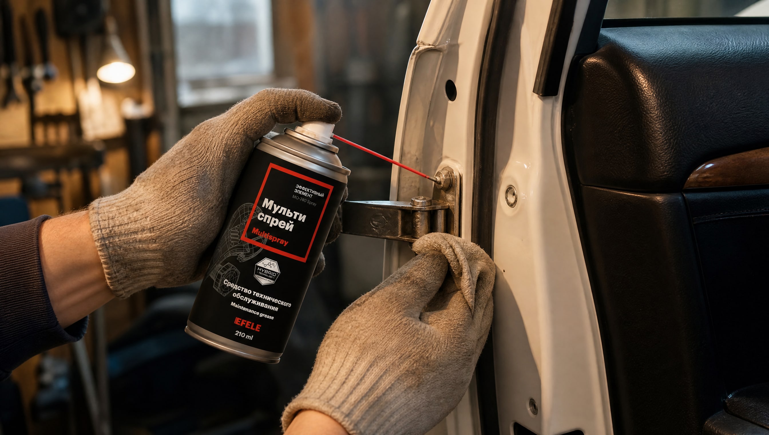 Мультиспрей EFELE MO-740 Spray наносится на дверные петли автомобиля.