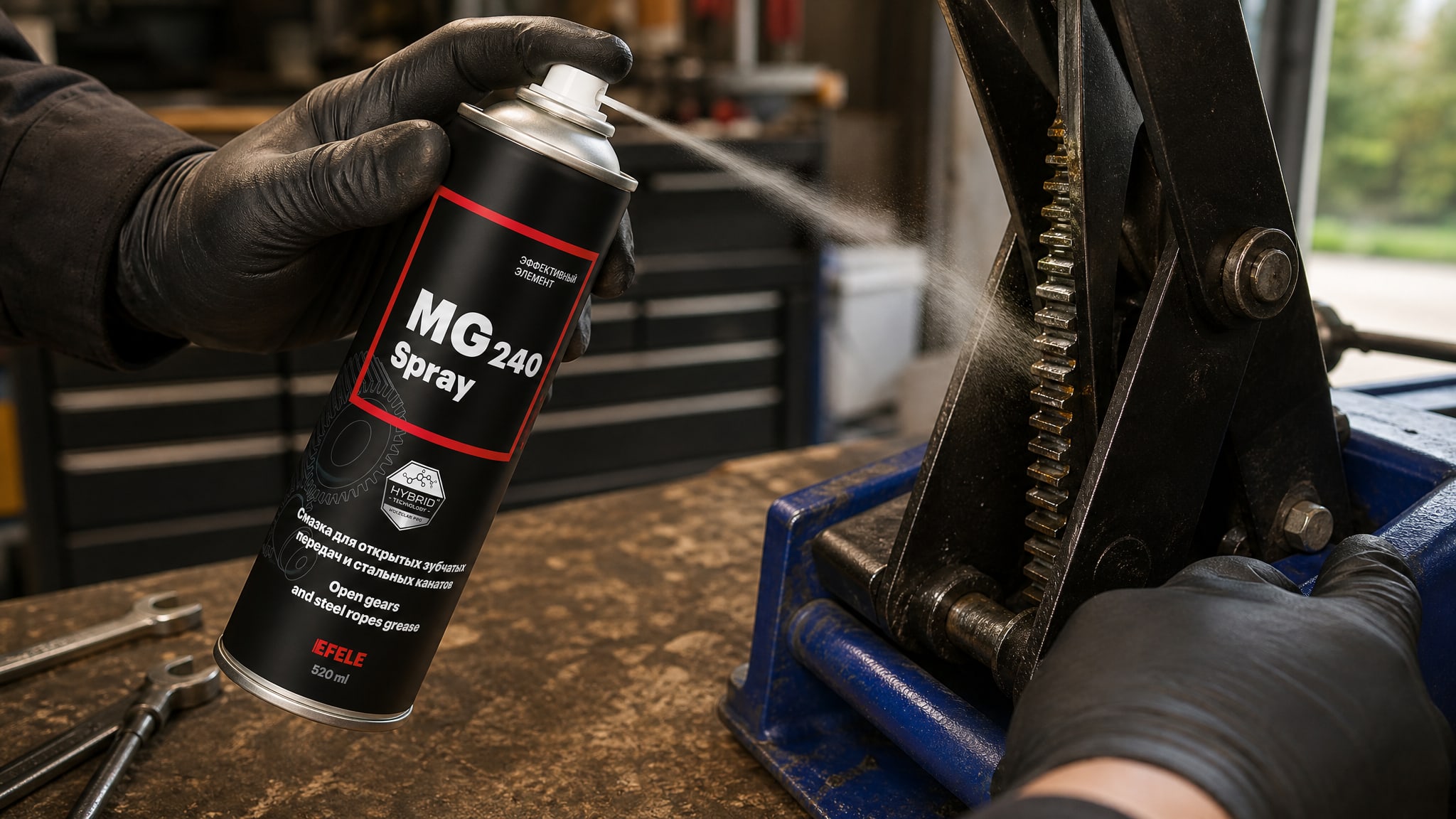 Рука наносит смазку EFELE MG-240 Spray на зубчатую передачу.