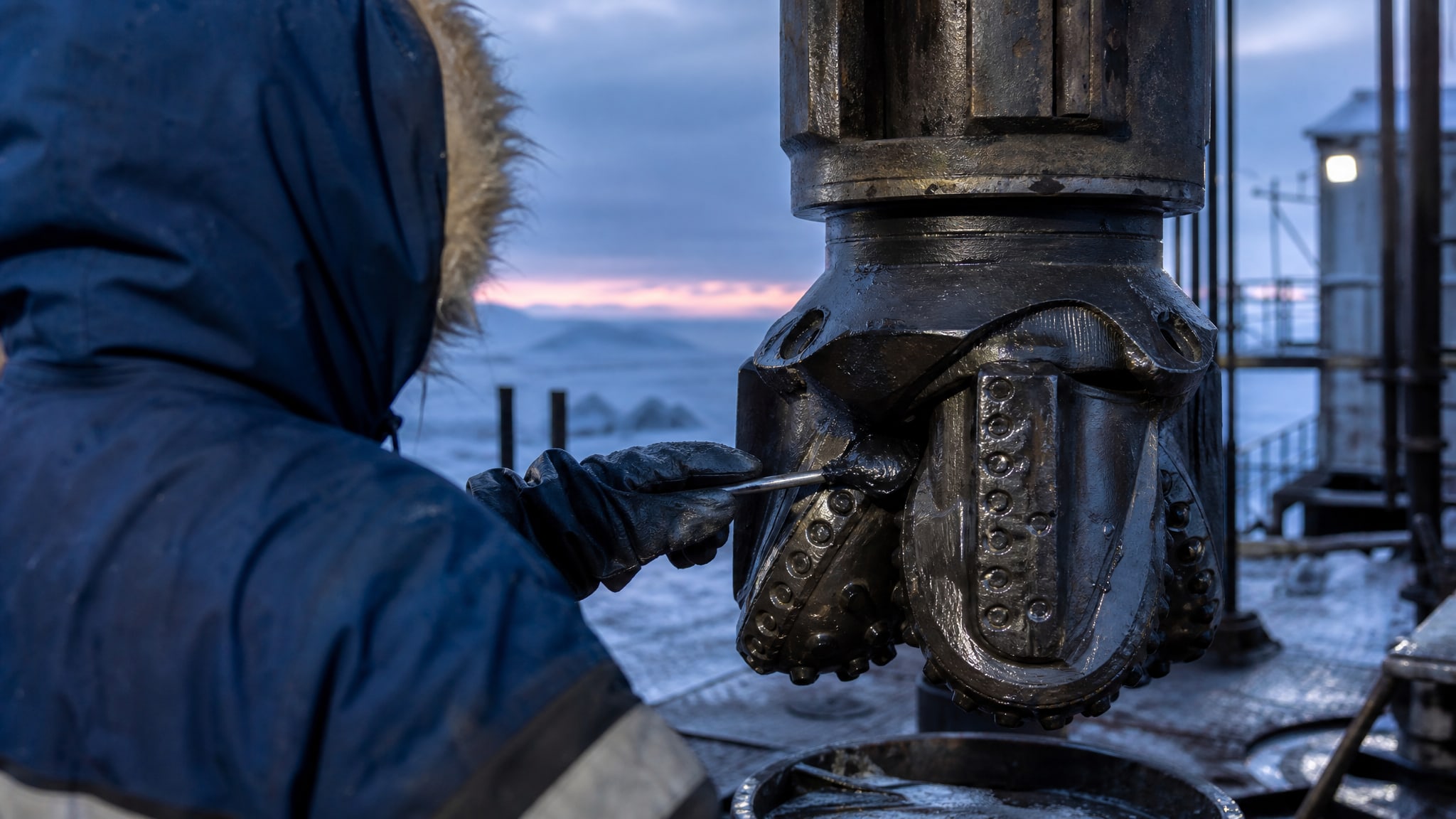 Работник наносит смазку с дисульфидом молибдена на долото нефтяной установки Крайнего Севера.